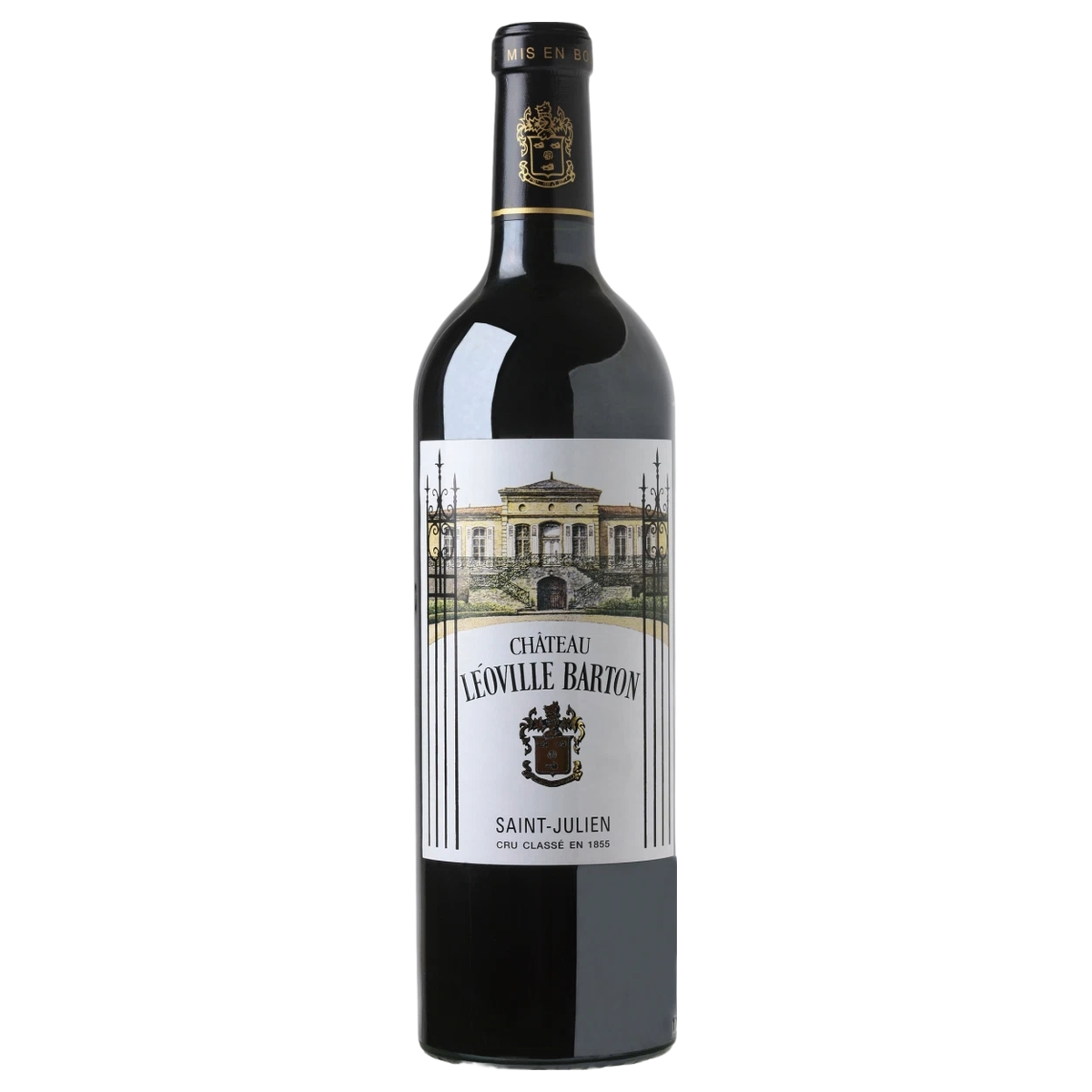 Château Léoville Barton, volledige vrijstaande fles op een wit vierkant beeldvlak