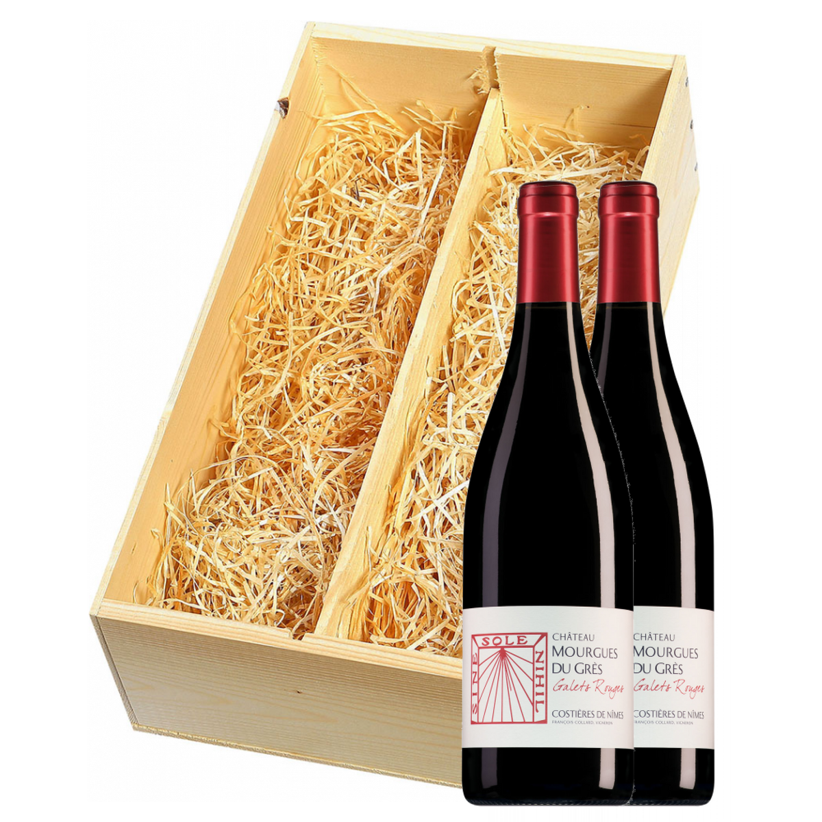 Wijnkist met 2 Château Mourgues du Grès Costières de Nîmes Galets Rouges