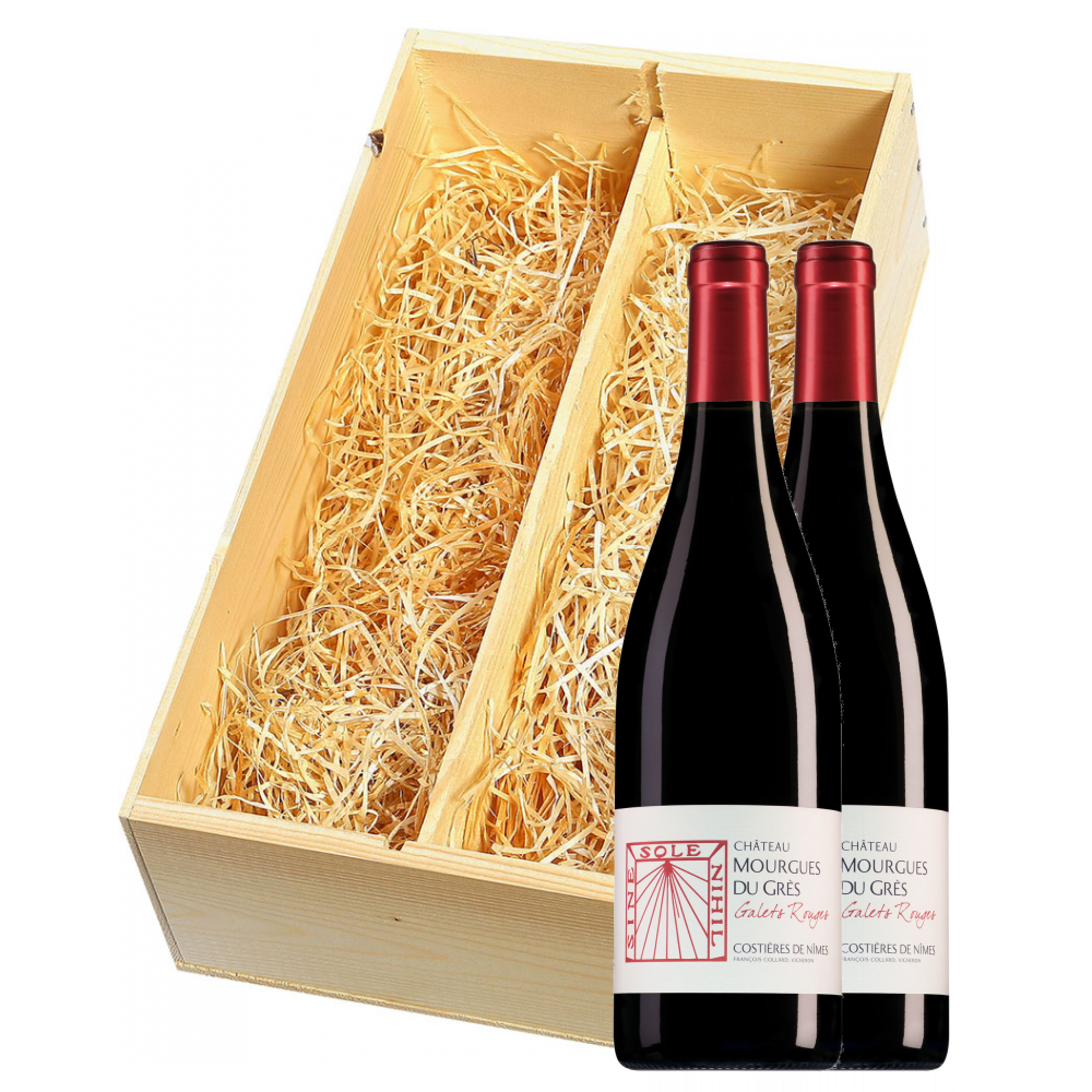 Wijnkist met 2 Château Mourgues du Grès Costières de Nîmes Galets Rouges
