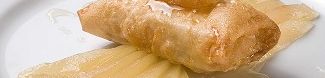Loempia van roquefort met peer en stemgember