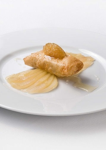 Loempia van roquefort met peer en stemgember