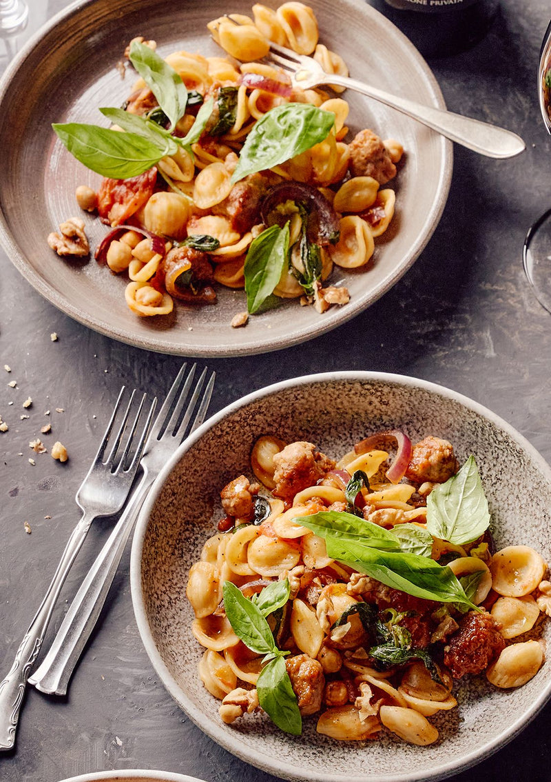 Orecchiette met gehaktballetjes en kikkererwten