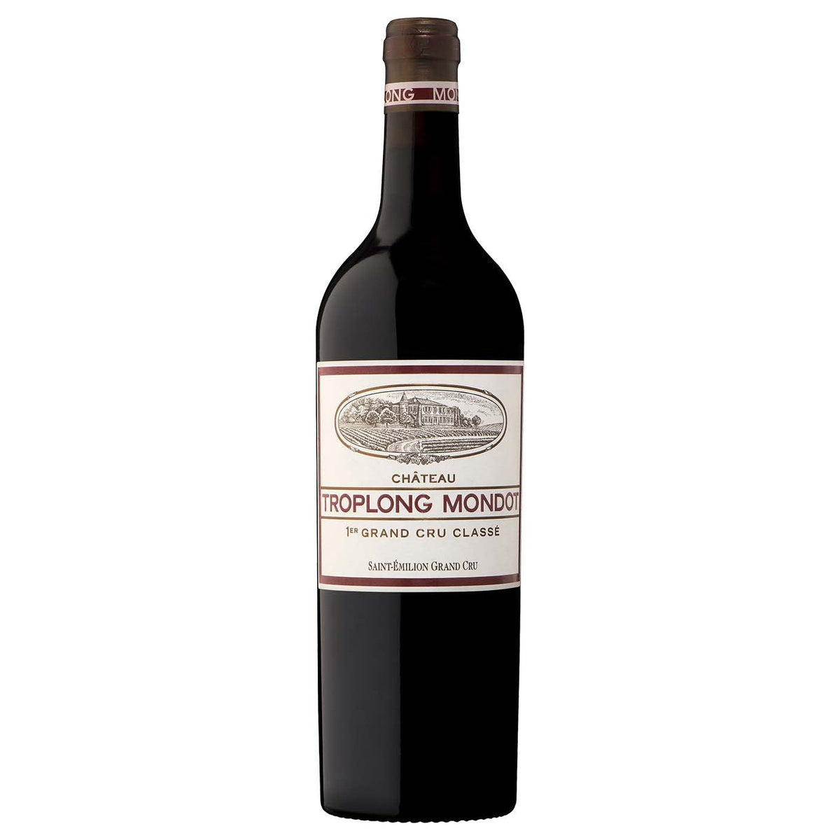 Château Troplong-Mondot Saint-Émilion Grand Cru, volledige vrijstaande fles op wit vierkant beeldvlak
