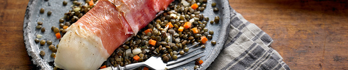 kabeljauw met pancetta en linzen